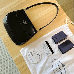 Prada Cleo Black - Brushed Leather Shoulder Bag with Flap (NEVER used)
